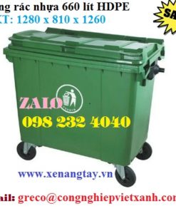Thùng rác nhựa 660 lít HDPE màu xanh, 4 bánh xe