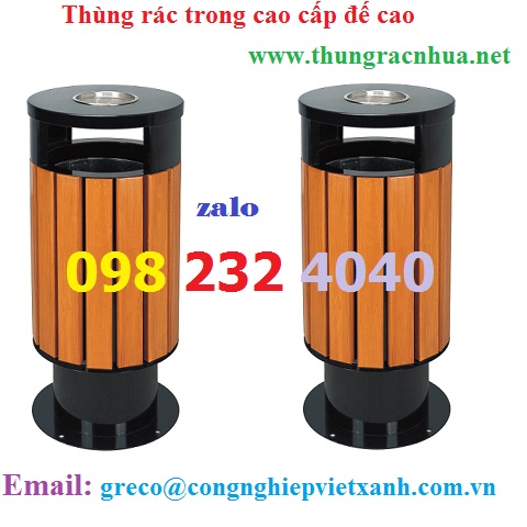 Thùng rác tròn cao cấp gỗ đế cao