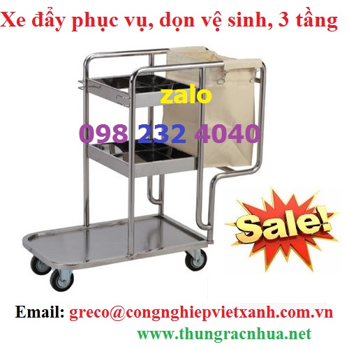 Xe dọn vệ sinh 3 tầng, xe đẩy phục vụ