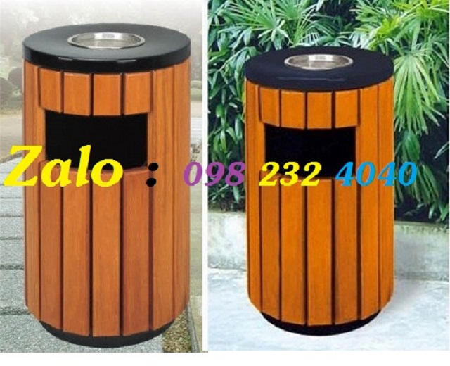 Thùng rác gỗ tròn có gạt tàn thuốc lá