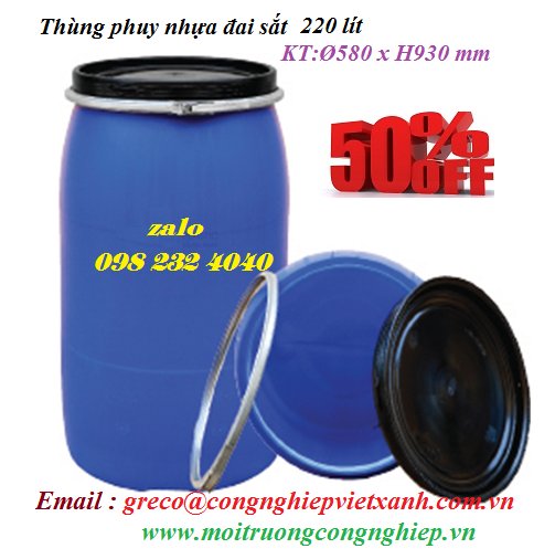 Thùng phuy nhựa 220 lít đai sắt Ø580x930mm