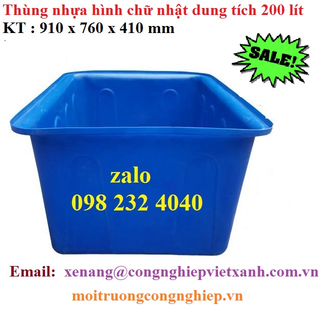 Thùng nhựa hình chữ nhật dung tích 200 lít