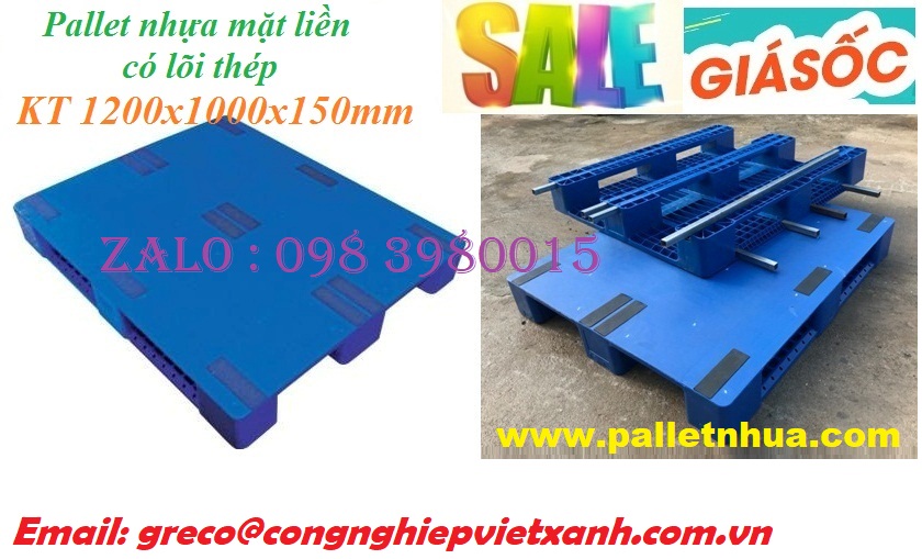 Pallet nhựa 1200x1000mmx150mm mặt liền lỗi sắt