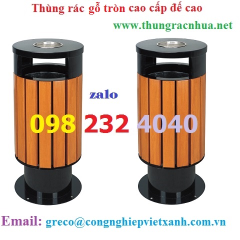 Thùng rác tròn cao cấp gỗ đế cao