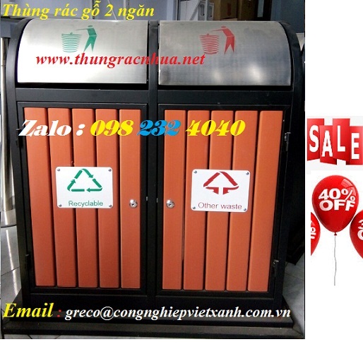 Thùng rác gỗ 2 ngăn ngoài trời