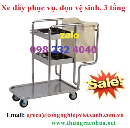 Xe dọn vệ sinh 3 tầng, xe đẩy phục vụ