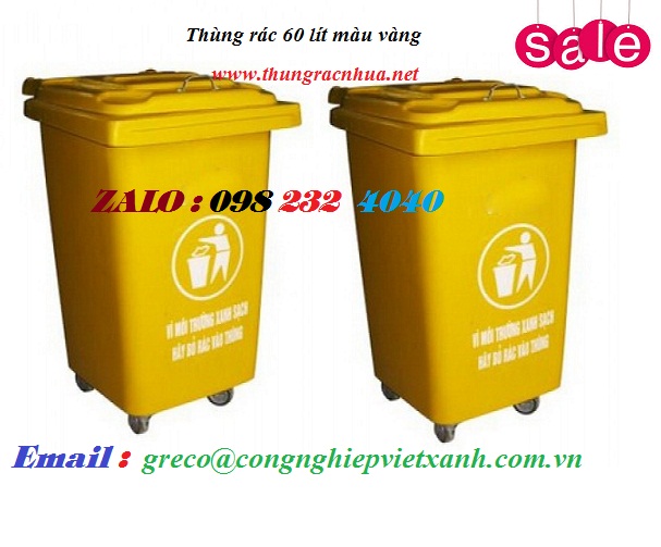 Thùng rác 60 lít có bánh xe, màu vàng