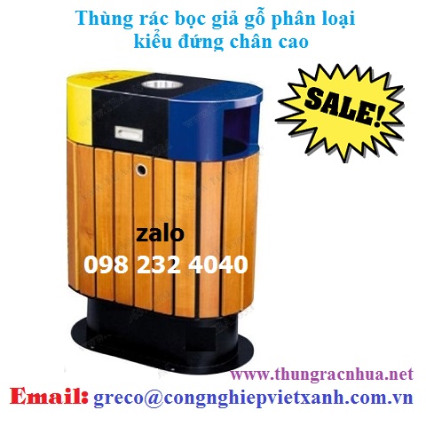 Thùng rác bọc giả gỗ phân loại kiểu đứng chân cao